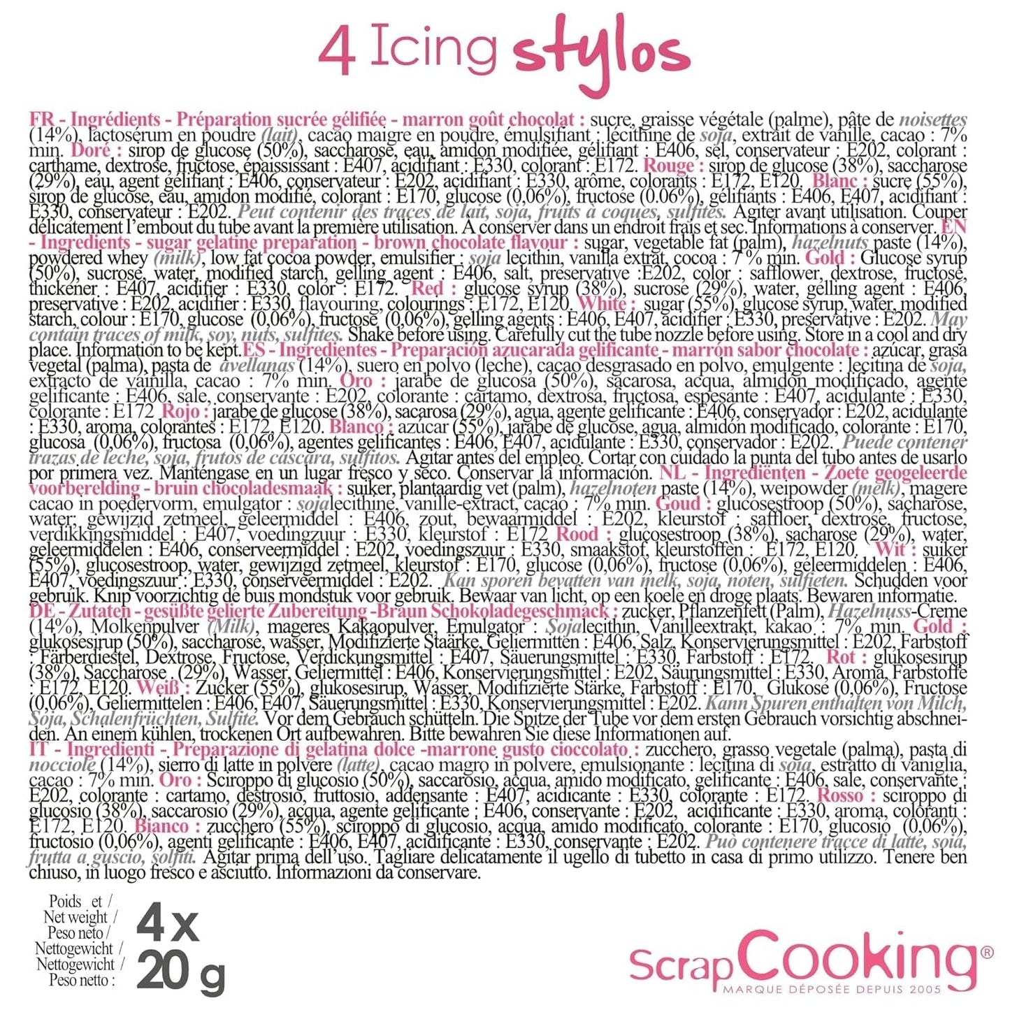 Scrapcooking - Pennarelli 4 pezzi: oro, cioccolato, bianco e rosso - penne commestibili decorative per scrivere e disegnare su dolci, torte e biscotti
