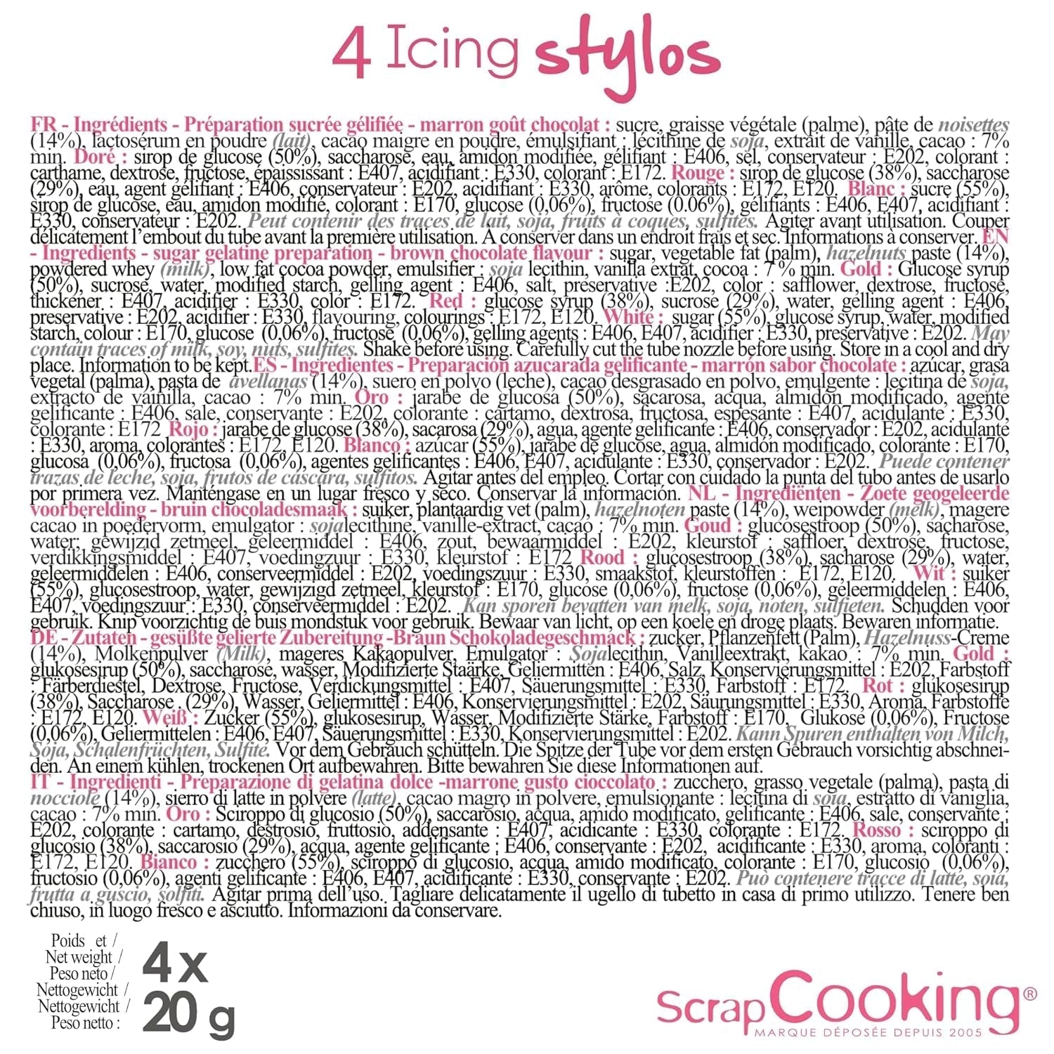 Scrapcooking - Pennarelli 4 pezzi: oro, cioccolato, bianco e rosso - penne commestibili decorative per scrivere e disegnare su dolci, torte e biscotti