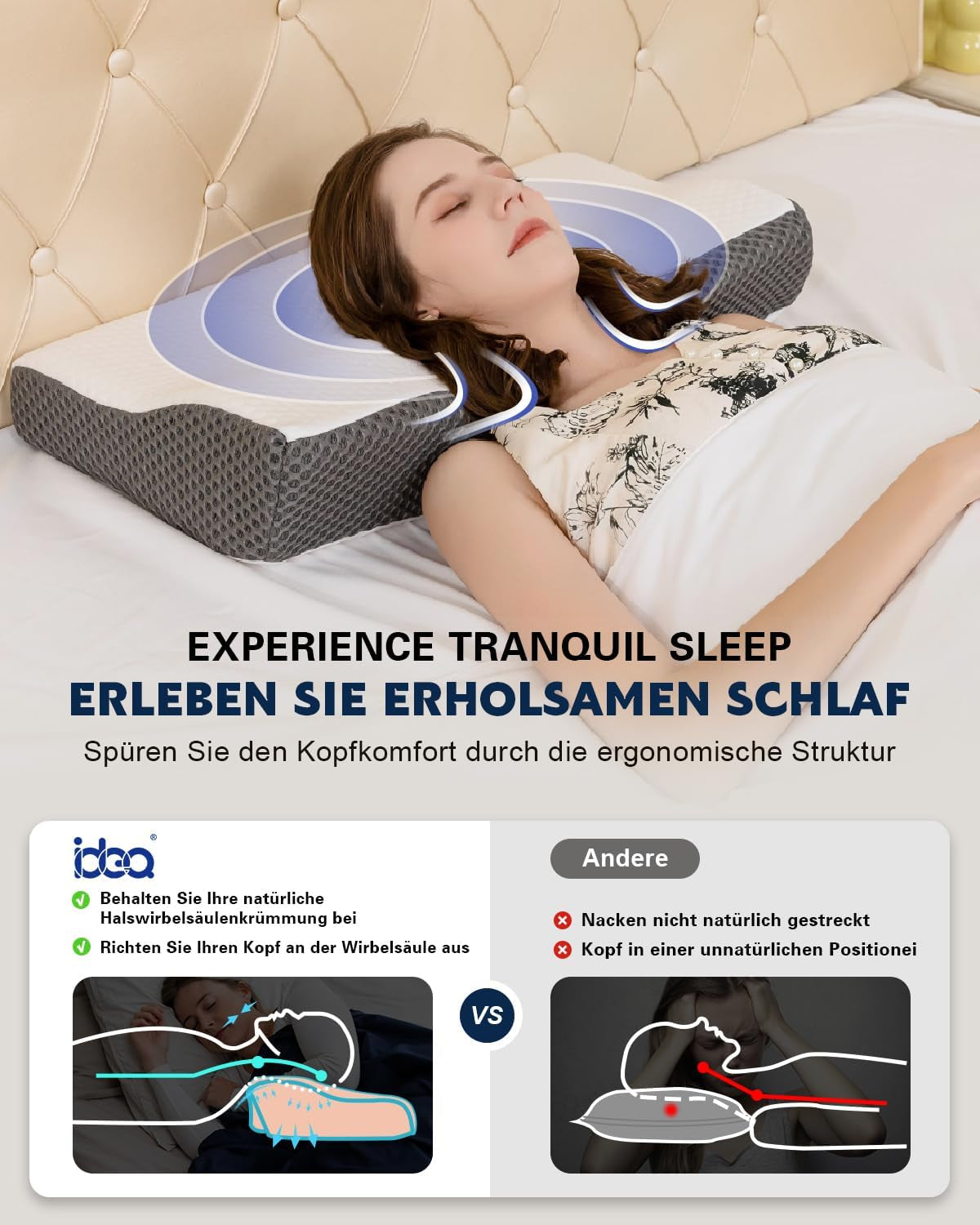 Cuscino IDEA, Cuscino ortopedico ergonomico per dolori al collo, Cuscino in memory foam per chi dorme sul fianco, sulla schiena e sull'addome, Cuscino antirussamento per uomini e donne (62 * 34,5 * 12/8 CM) Cuscini ortopedici cervicali Naty Shop