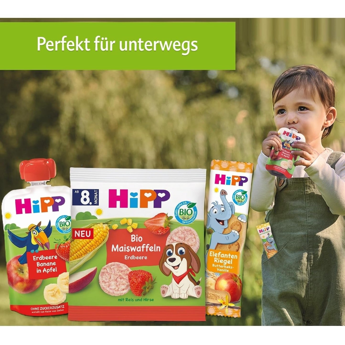 Bustine HiPP Organic Fruit Plus con melograno e acerola in una miscela di mela e lampone - Ben Beagle (8 x 100 g), da 1 anno, 100% purea di frutta, senza zuccheri aggiunti, vegano, migliore qualità biologica