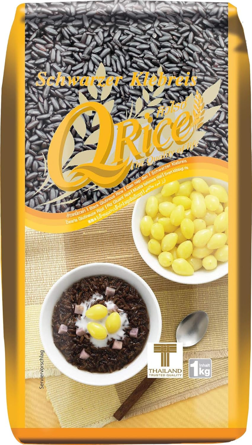 RISO Q | Riso colloso nero a grani lunghi dalla Thailandia | Aromatico con delicato sentore di nocciola | Ideale per dessert al curry, sushi e mochi | 1x1kg
