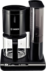 Bosch Styline TKA8013 Macchina per caffè espresso con filtro, sensore aroma, caraffa in vetro preserva aroma da 1,25 l, 10-15 tazze, spegnimento automatico, sistema di decalcificazione, sistema antigoccia, portafiltro girevole, 1160 W, Nero