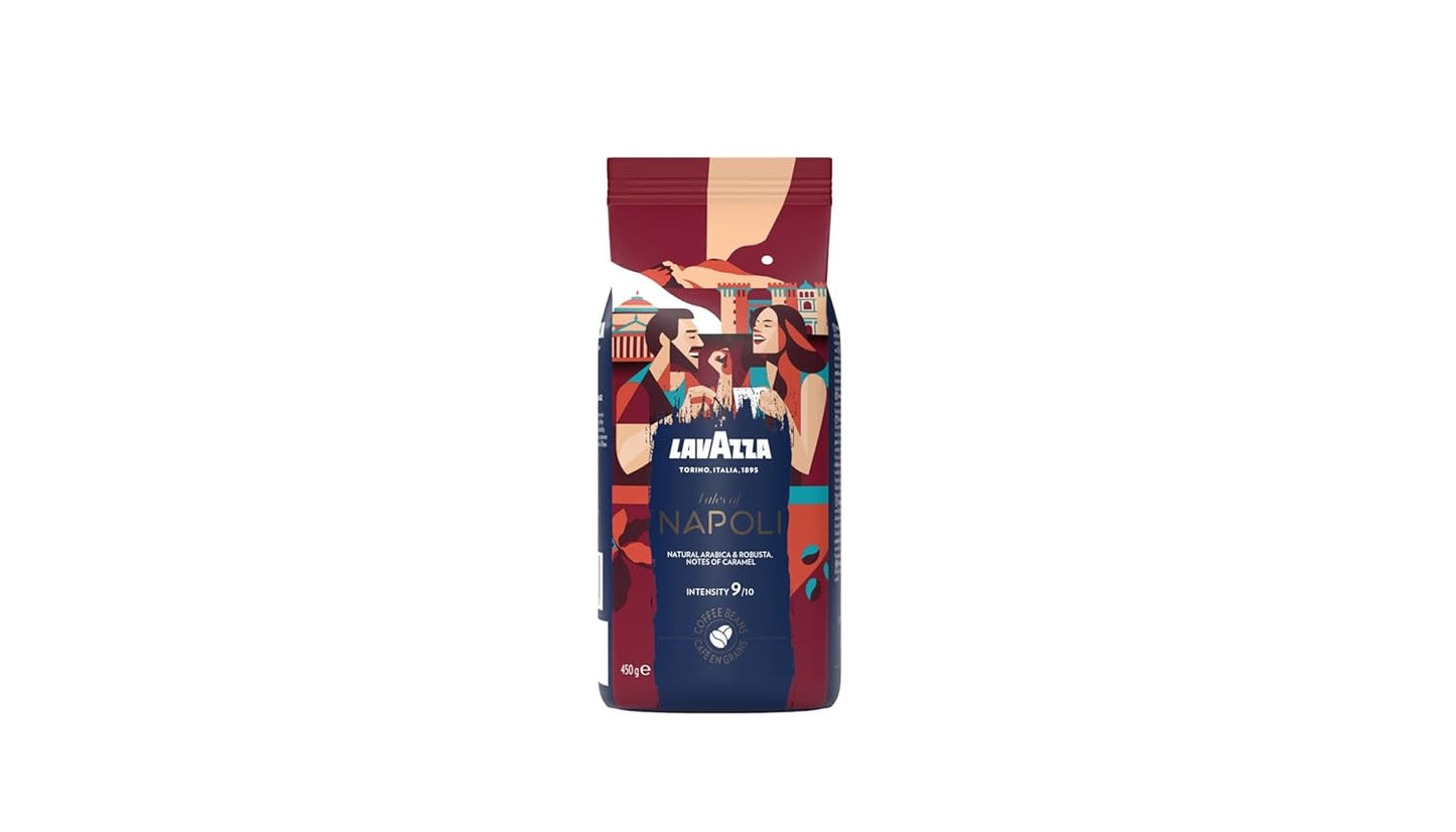 Lavazza, Tales of Napoli, caffè in grani, ideale per macchine espresso, con note aromatiche di cacao e caramello, Arabica e Robusta, intensità 9/10, tostatura intensa, 450 g