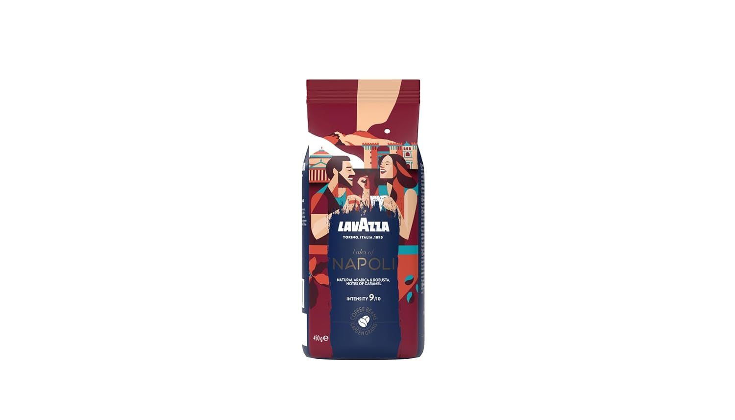 Lavazza, Tales of Napoli, caffè in grani, ideale per macchine espresso, con note aromatiche di cacao e caramello, Arabica e Robusta, intensità 9/10, tostatura intensa, 450 g