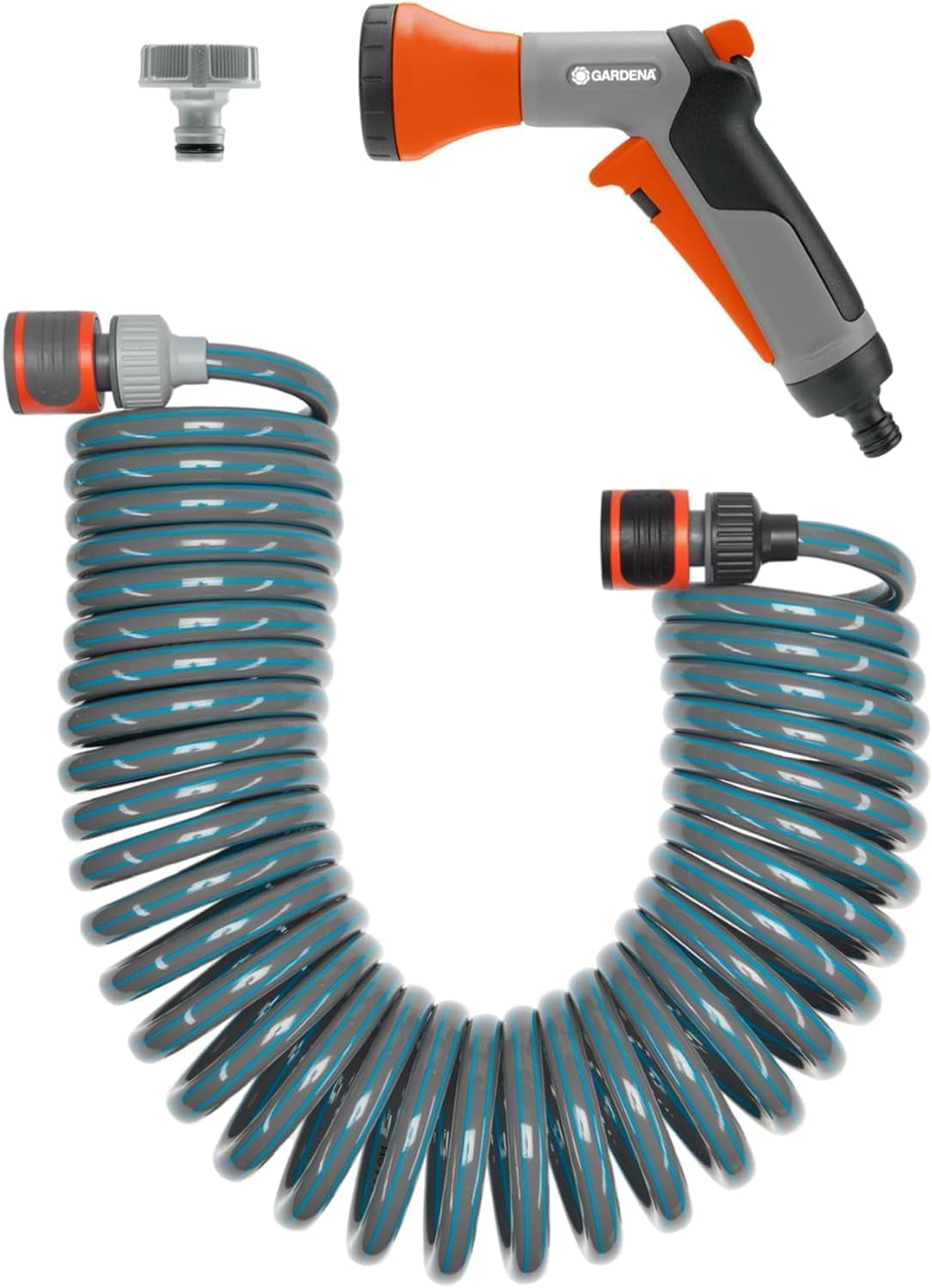 Set completo tubo a spirale Gardena 4647-20, con retrazione automatica del tubo, con ugello spray e attacco per rubinetto (lunghezza tubo: 10 m, diametro tubo: 9 mm, set: sì)