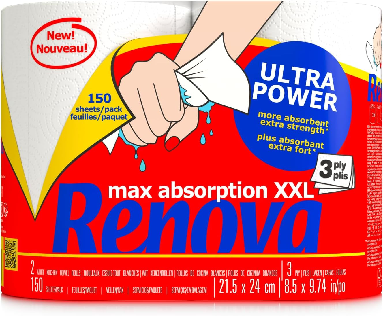 Rotoli da cucina Renova Renova Ultrapower | 24 rotoli XXL = 60 rotoli standard | 3 strati ultra assorbenti e di massima resistenza | Carta certificata Fsc