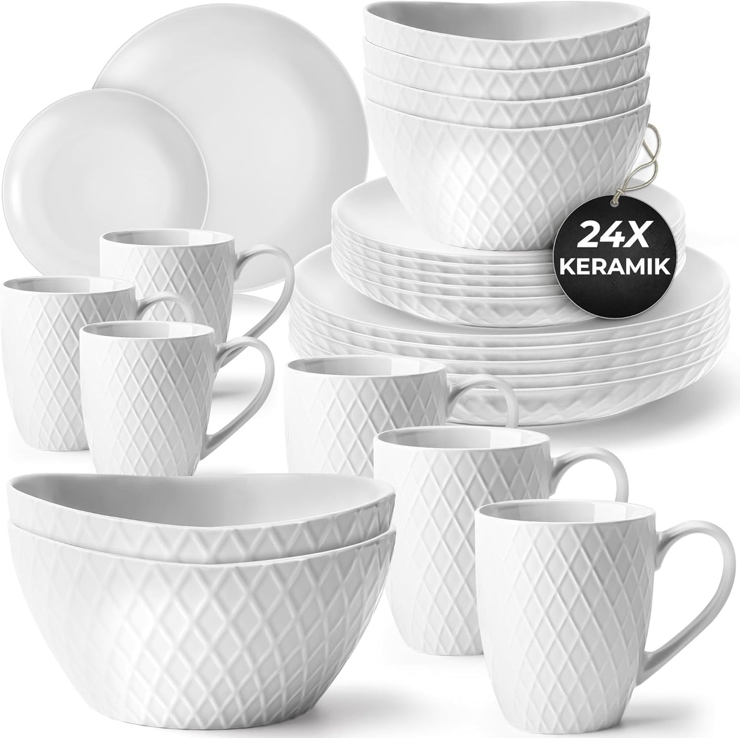 MIAMIO - Servizio Piatti in Ceramica, 24 Pezzi, Servizio Combinato per 6 - Utilizzabile in Lavastoviglie e Microonde - Collezione Palmanova (Bianco)
