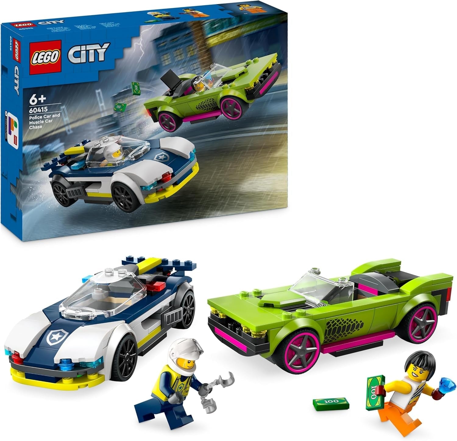 Inseguimento in auto LEGO City con auto della polizia e muscle car, treno giocattolo con 2 auto da corsa, regalo della polizia per bambini, ragazzi e ragazze dai 6 anni, set poliziotto e minifigure Ganovin 60415 Set da costruzione Besuche den LEGO-Store Single