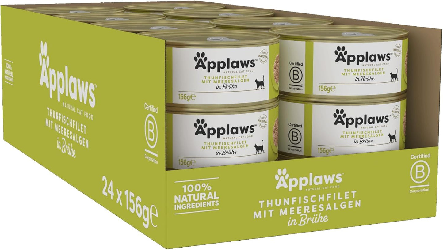 Applaws 100% naturale Premium-Nassfutter für Katzen, Thunfischfilet mit Algen in Brühe - Confezione con 24 x 156g Dosen