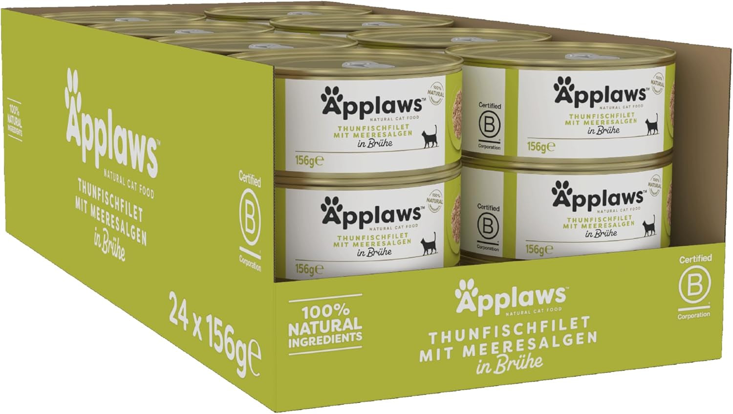 Applaws 100% naturale Premium-Nassfutter für Katzen, Thunfischfilet mit Algen in Brühe - Confezione con 24 x 156g Dosen