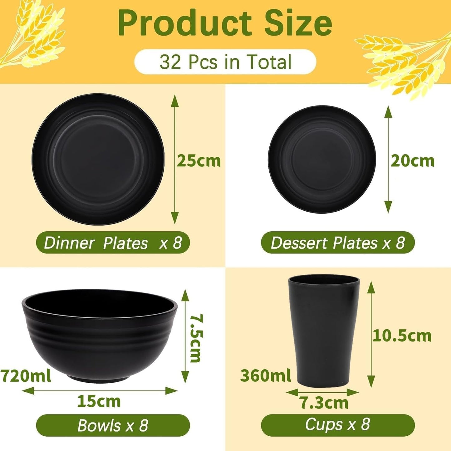 Stoviglie da campeggio Set di stoviglie in plastica riutilizzabile leggera da 32 pezzi per 8 persone, comprese ciotole Piatti Tazze Stoviglie da picnic infrangibili in plastica ecologica