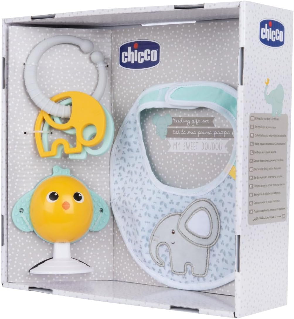 Set regalo pappa Chicco Dou Dou, set bavaglino, seggiolone giocattolo con ventosa a forma di simpatica gallina, con due sonagli colorati, facile da catturare a partire da 6 mesi Baby Toys Naty Shop
