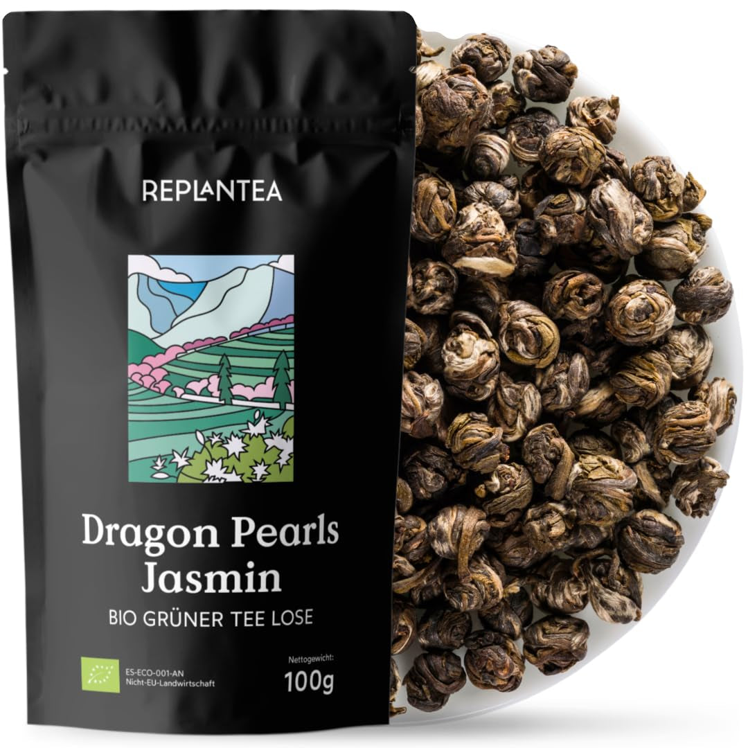 Tè biologico Jasmin Dragon Pearls (100 g) | Tè verde premium sotto forma di perle di gelsomino arrotolate a mano | Specialità di tè dal delicato aroma di fiori | RIPIANTARE