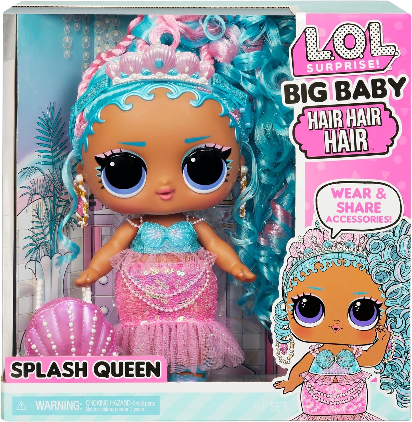 LOL. Sorpresa! Big Baby Hair Hair Hair – SPLASH QUEEN – 27,94 cm große Puppe mit 14 Überraschungen, Accessori zum Teilen und echten Haaren – Für Kinder und Sammler ab 4 Jahren