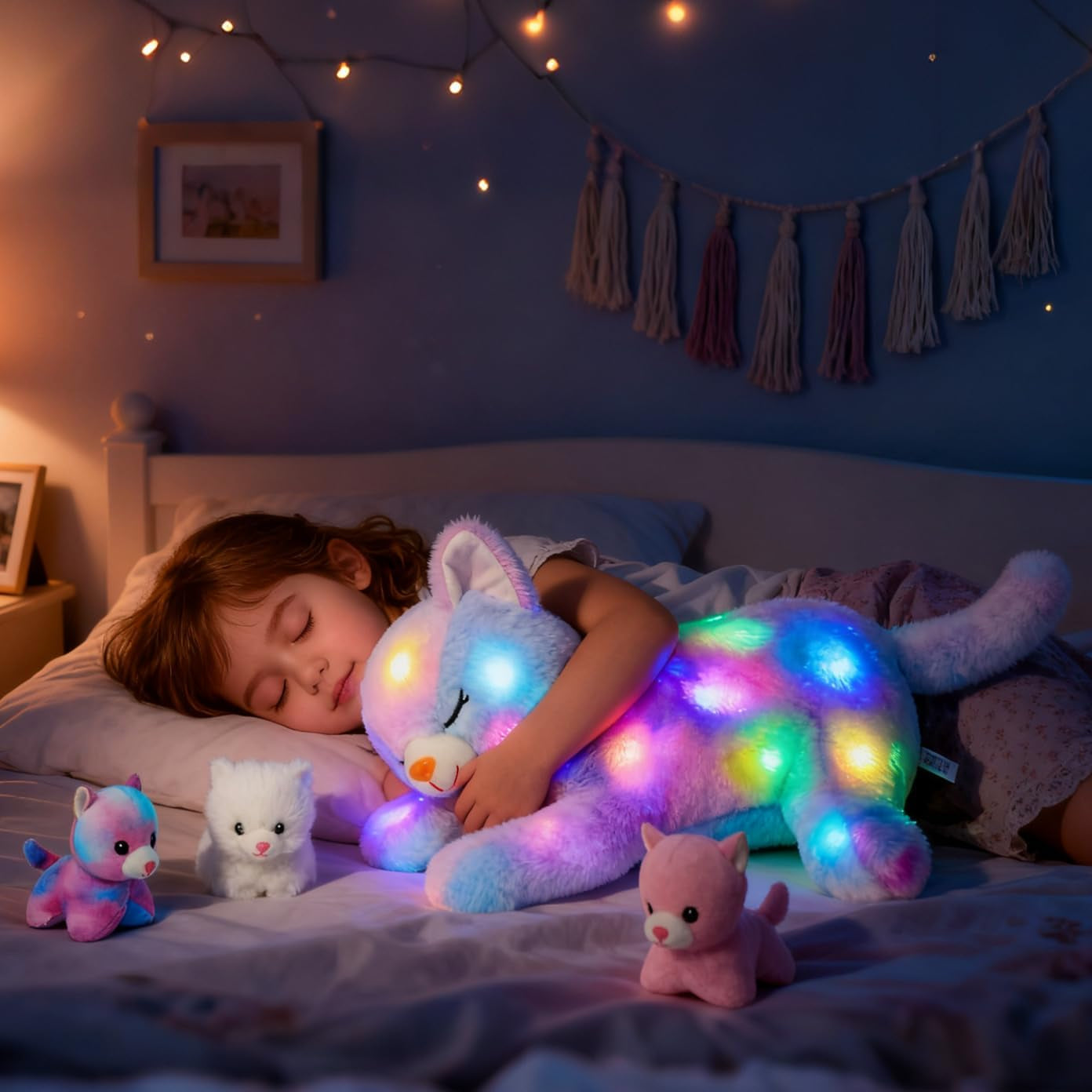 Gatto di Peluche Musicale a LED, Giocattolo Cantante Leggero, Mamma Gatta con 3 Gattini nella Pancia, Ninna Nanna Animata, Giocattolo Rilassante per Mamme, Bambini, Bambine, Arcobaleno, 45 cm