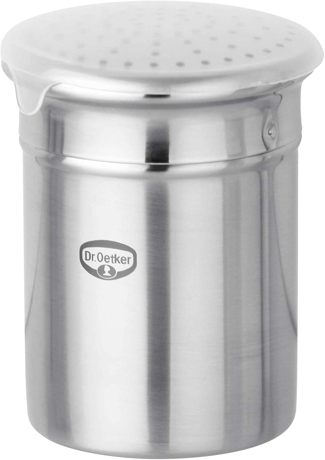 Dr. Oetker Zuccheriera per zucchero grosso, Utensile da cucina in acciaio inossidabile di alta qualità per spolverare rapidamente e in modo decorativo, Grande capacità, Inclusa copertura protettiva, (Colore: Argento), Quantità: 1 pezzo