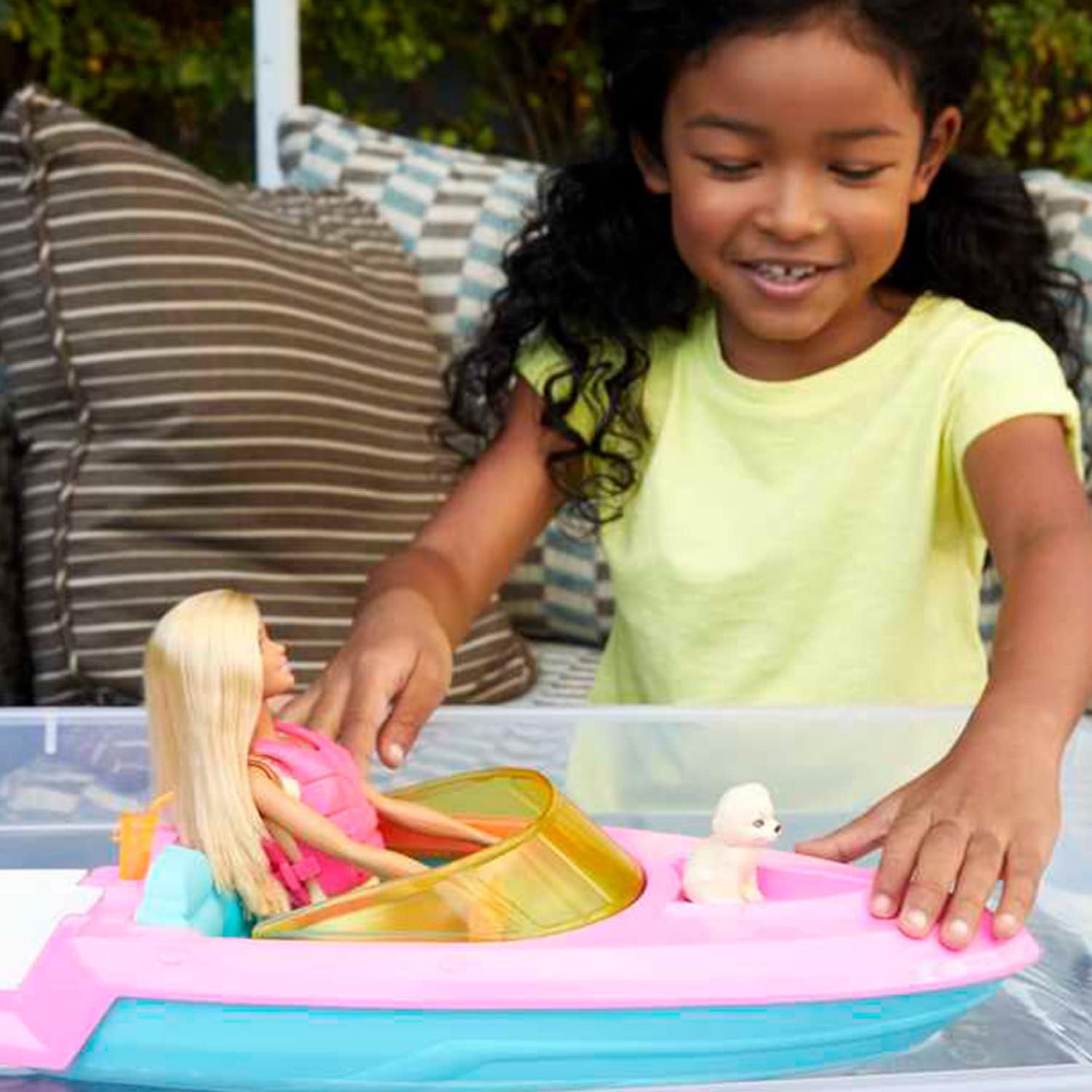 Set motoscafo Barbie, bambola Barbie con capelli biondi, giubbotto di salvataggio rosa, barca, cucciolo, accessori, regali per 3+, bambole Grg30 Naty Shop