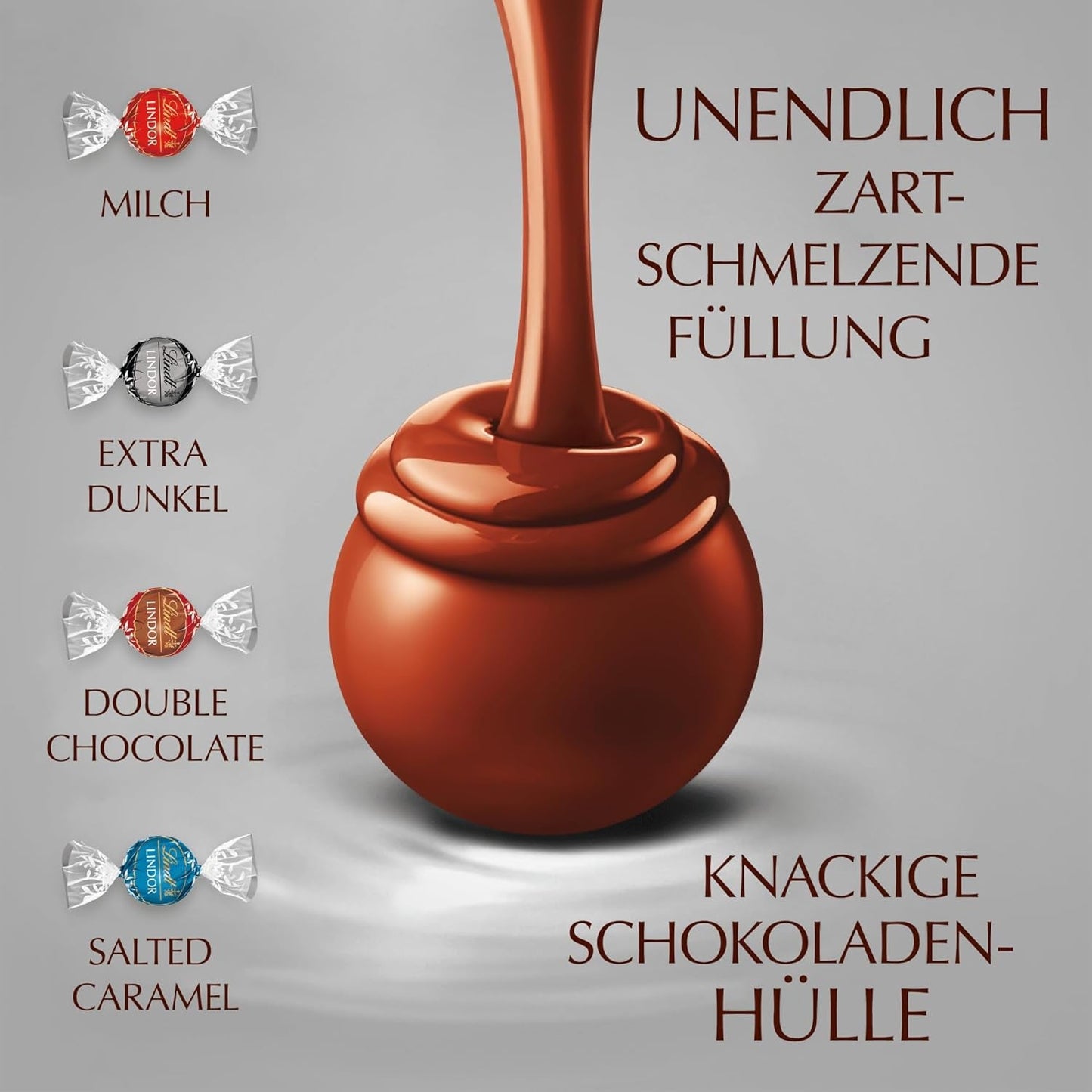 Cioccolata Lindt | Borsa assortita LINDOR argento | Sacco da 1 kg | 80 palline di cioccolato al latte fondente al gusto 70%, caramello salato e doppio cioccolato | Regalo di cioccolato da condividere