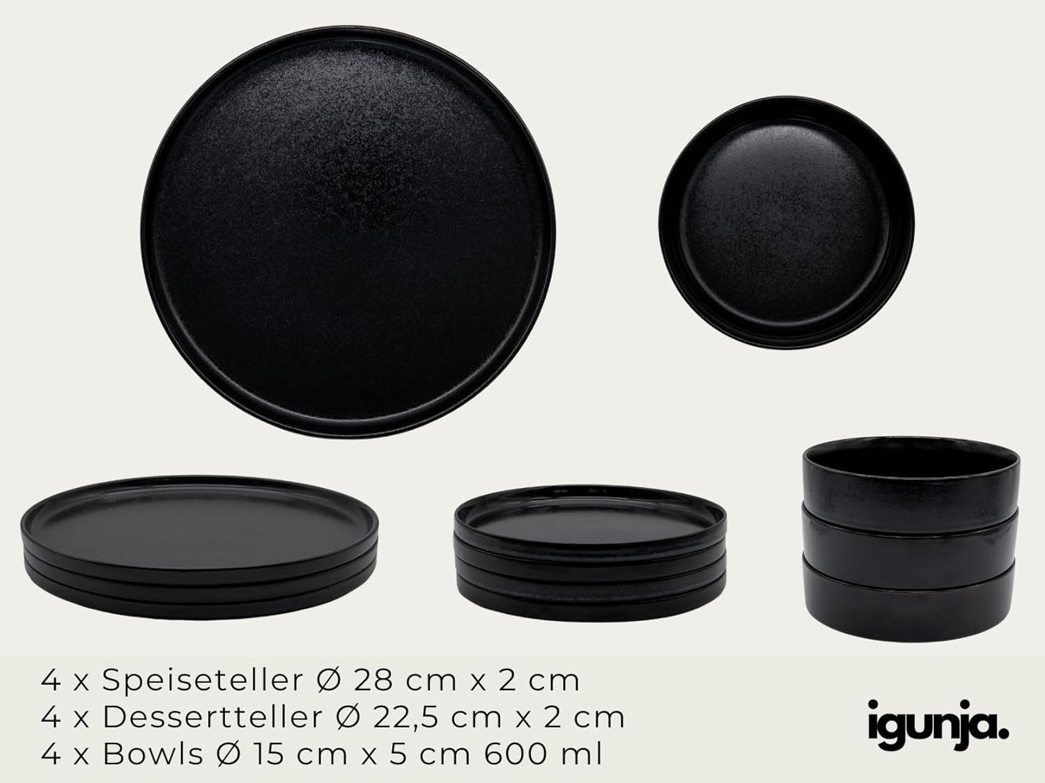 Set di stoviglie e piatti in gres nero [12 pezzi per 4 persone] Set di stoviglie nere fatte a mano al 100% con smalto reattivo di qualità premium