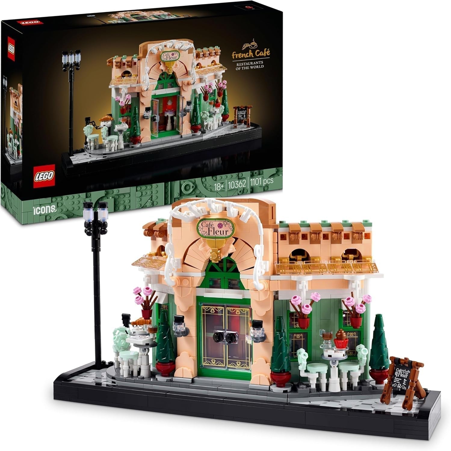 LEGO Icons French Café - Decorazioni per il soggiorno o l'ufficio - Set da costruzione per adulti, inclusa facciata pittoresca, vaso da fiori sospeso e sedie - Regalo per uomini e donne 10362 Set da costruzione Besuche den LEGO-Store Titolo predefinito