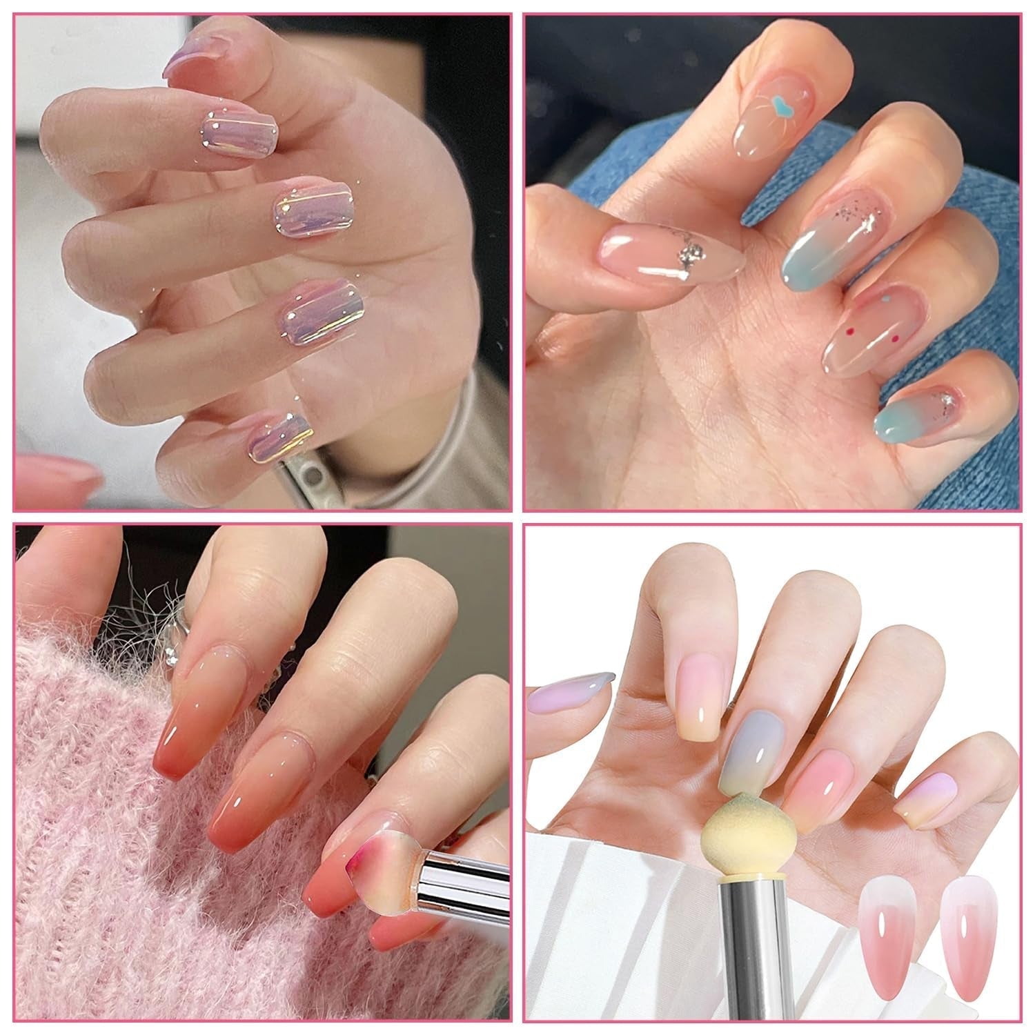 2 Stück Nail Art Rendering-Werkzeuge Doppelter Kopf, Spugna Applicatore Pennello Inkl 8 Ersatzköpfe, Nail Art Schwamm Und Tupfpinsel(Weiß, Rosa)