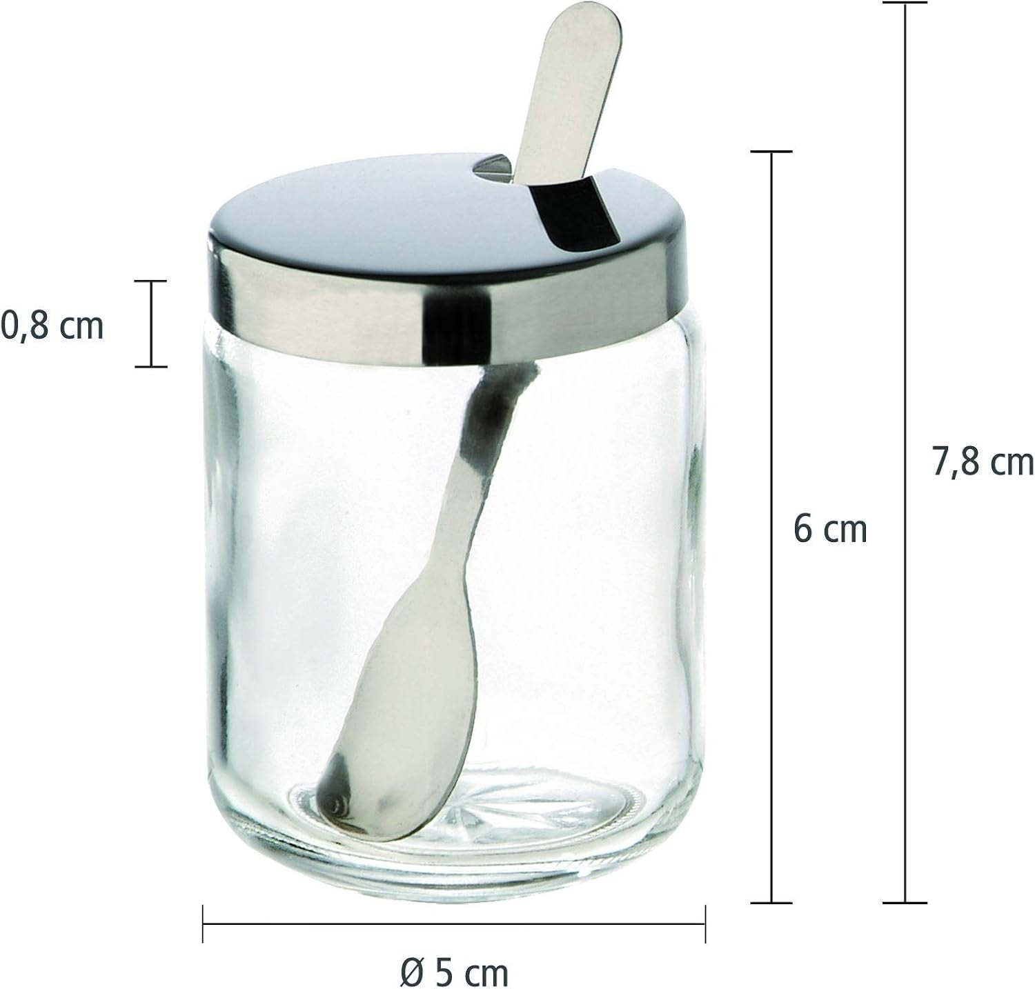 APS 40415 Pentola per senape, set da 2, ciascuno Ø 5 cm, H: 6 cm, vetro, acciaio inossidabile, incl. cucchiaio e coperchio