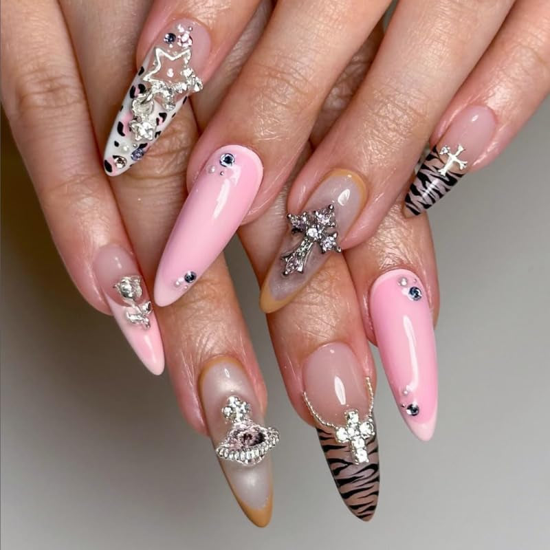 Moonglow Unghie Lunghe Stiletto Bianco Latte Rosa Sfumato Glitter Unghie Finte Fresche Con Colla Unghie Artificiali Glitter Rosa Ombre