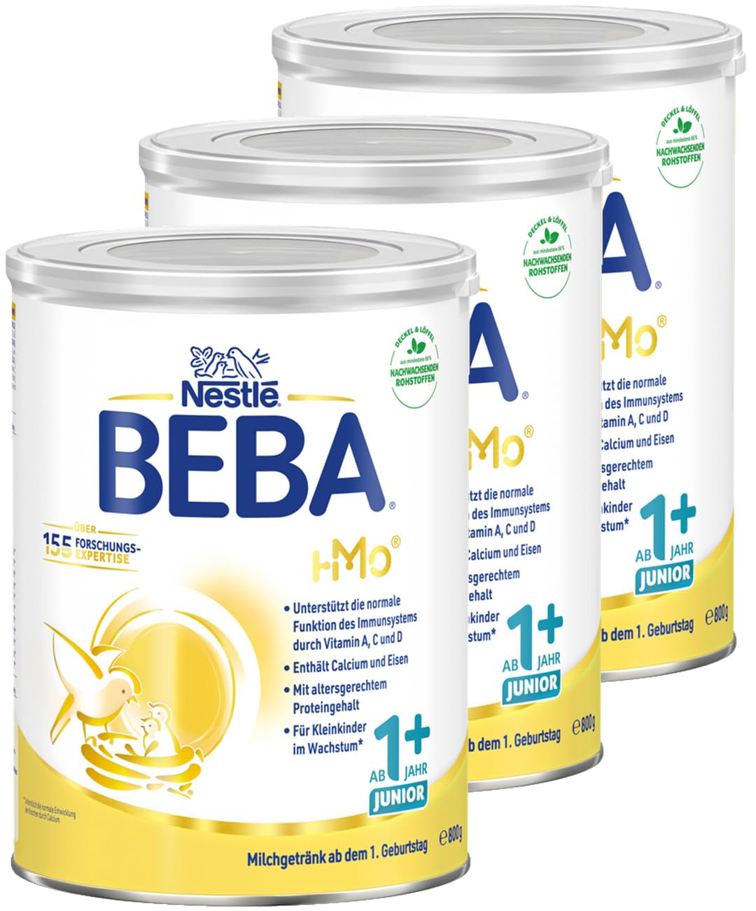 BEBA Junior 1+ bevanda a base di latte a partire da 1 anno, Con HMO, Contenuto proteico adatto all'età, Solo lattosio, Senza olio di palma, Senza olio di pesce, Alimenti per bambini, Latte in polvere per bambini, Confezione da 3 (3 x 800 g)