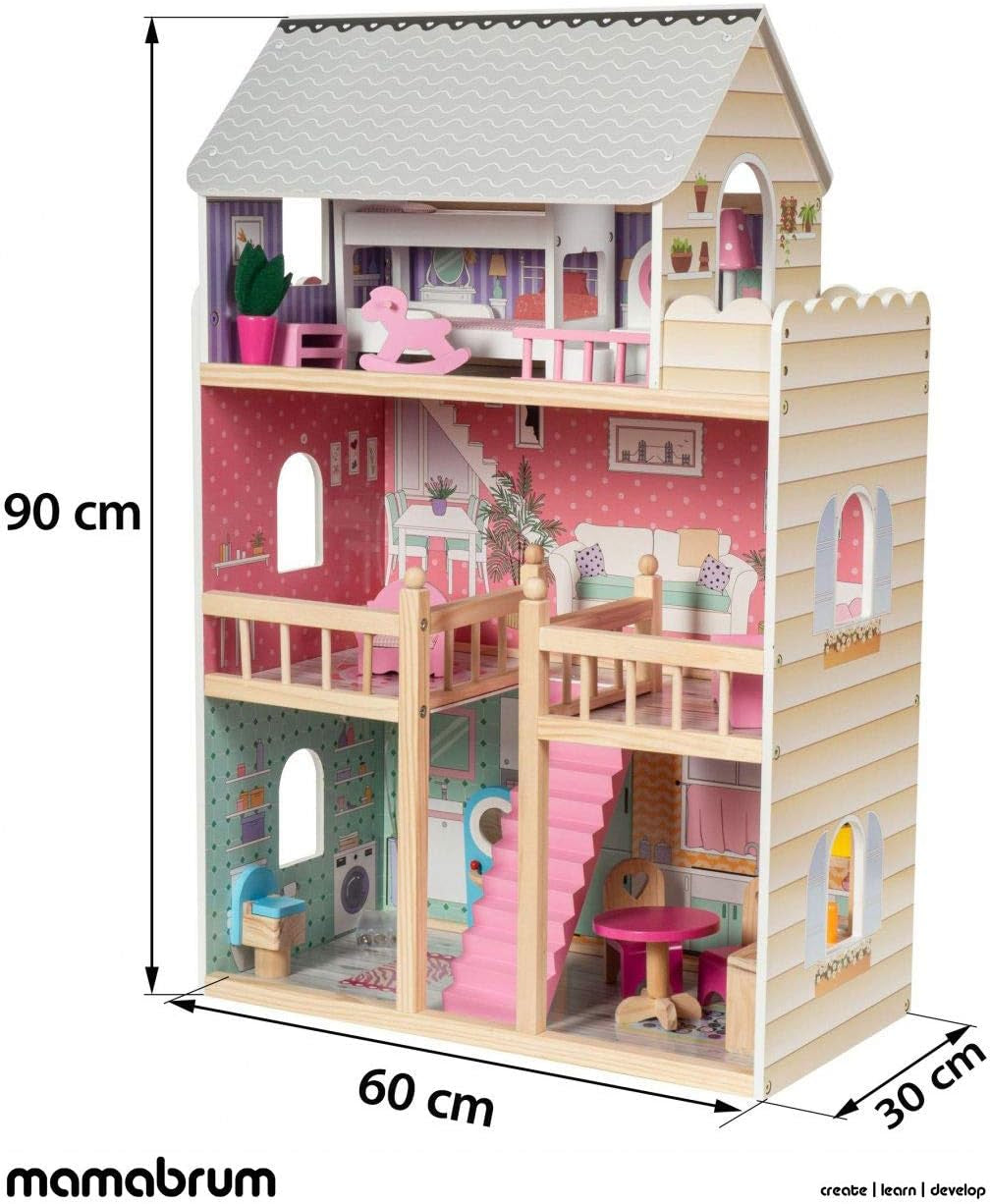 A405 Casa delle bambole illuminata a LED - Set di 3 piani e mobili - Casetta in legno con accessori: cucina, bagno, camera da letto - Regalo per ragazze dai 3 anni in su Case delle bambole Naty Shop
