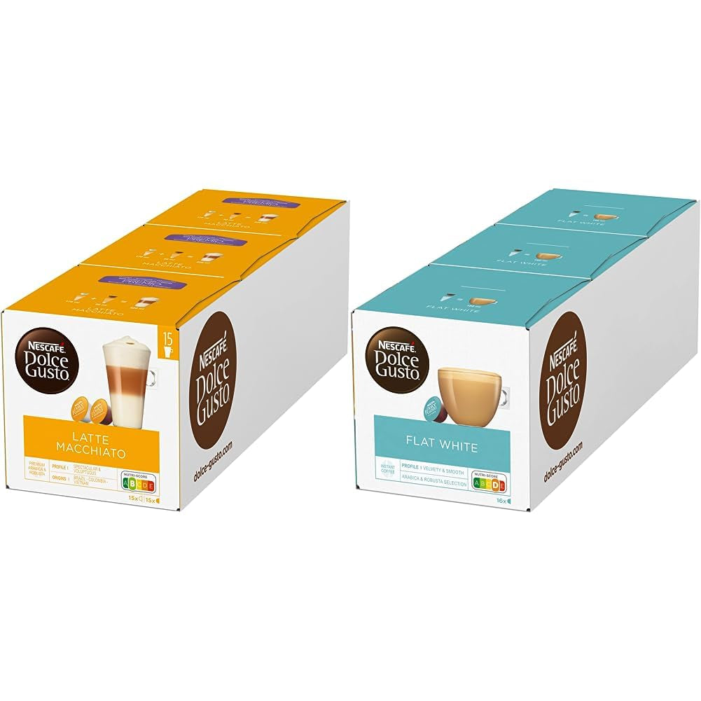 NESCAFÉ Dolce Gusto Latte Macchiato Vorratsbox 90 Kaffeekapseln & Flat White, 48 Kaffeekapseln, Arabica e Robusta Bohnen