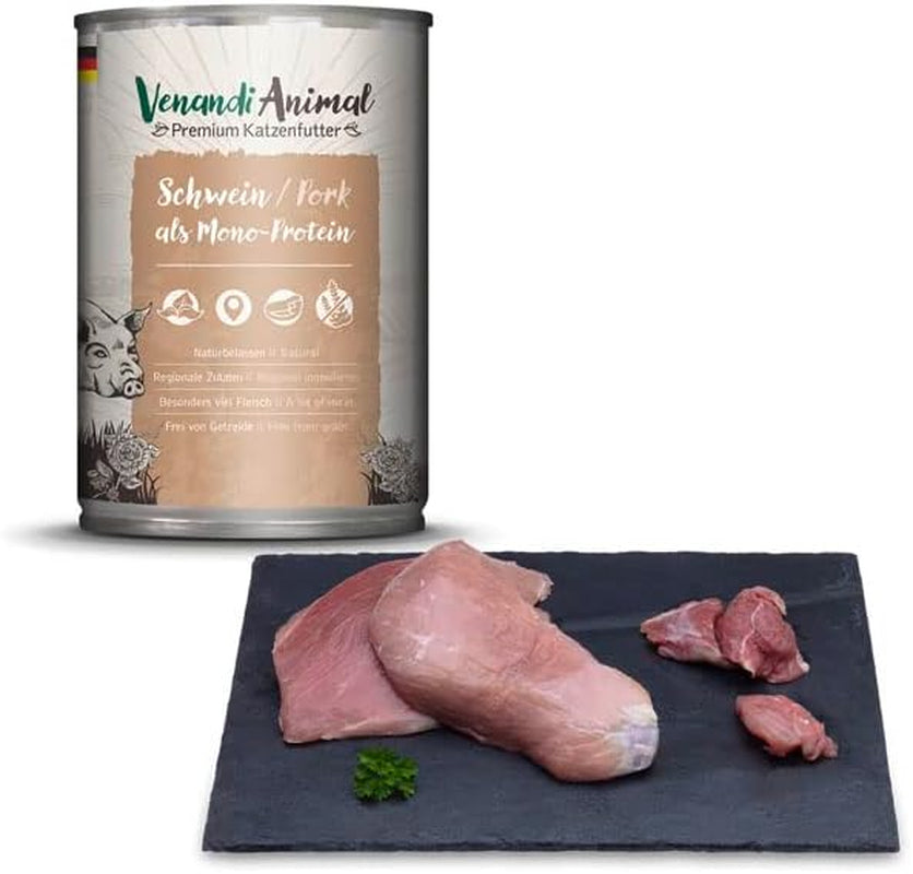 Venandi - Cibo umido per gatti premium - carne di maiale come unica proteina, 6 x 400 g (confezione da 6), senza cereali con carne extra