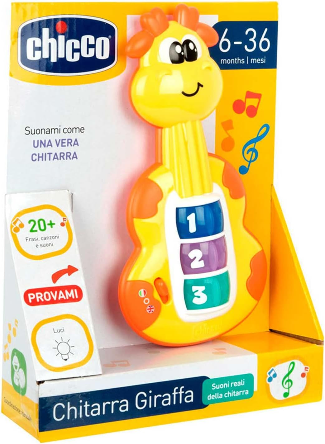 Chicco Giraffa Chitarra Sonaglio Divertente Pianoforte Giocattolo per Bambini 3 Tasti 12 Canzoni Giocattolo di Musica Elettronica Ideale per Bambini di 6 Mesi Giallo Giocattoli per Bambini Naty Shop