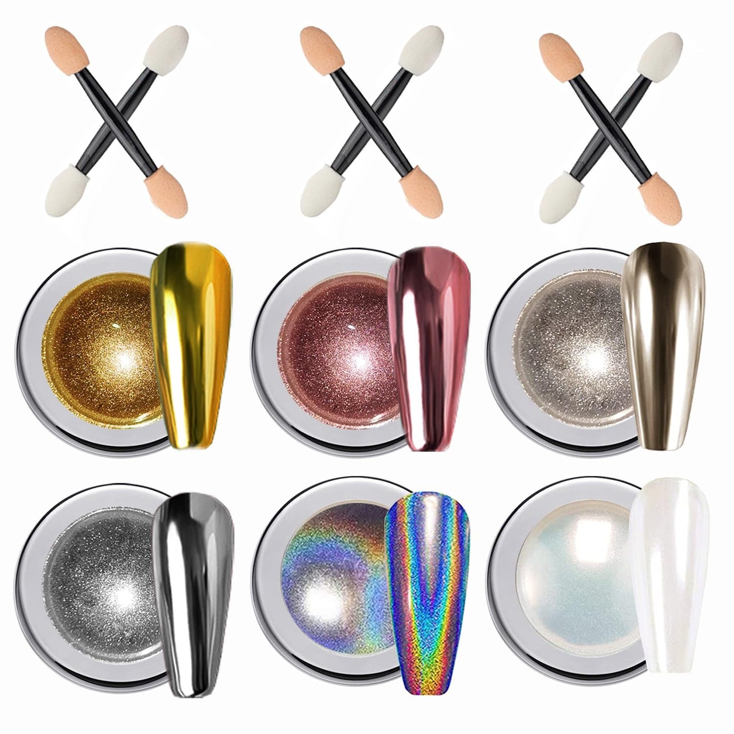 Wahrshei 6 Polvere per unghie cromata, Polvere cromata Nägel mit Spiegeleffekt, Puder laser cromato, Polvere effetto perla per unghie a ciambella smaltata