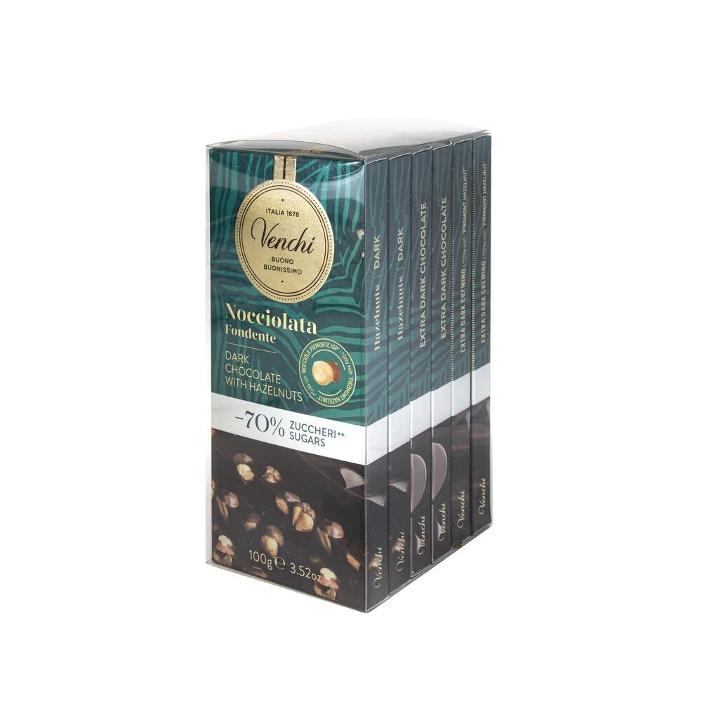 Venchi - Confezione da 6 tavolette di cioccolato fondente con nocciole, 600g - Senza zuccheri aggiunti - Senza dolcificanti artificiali - Senza glutine - Vegan - Idea regalo