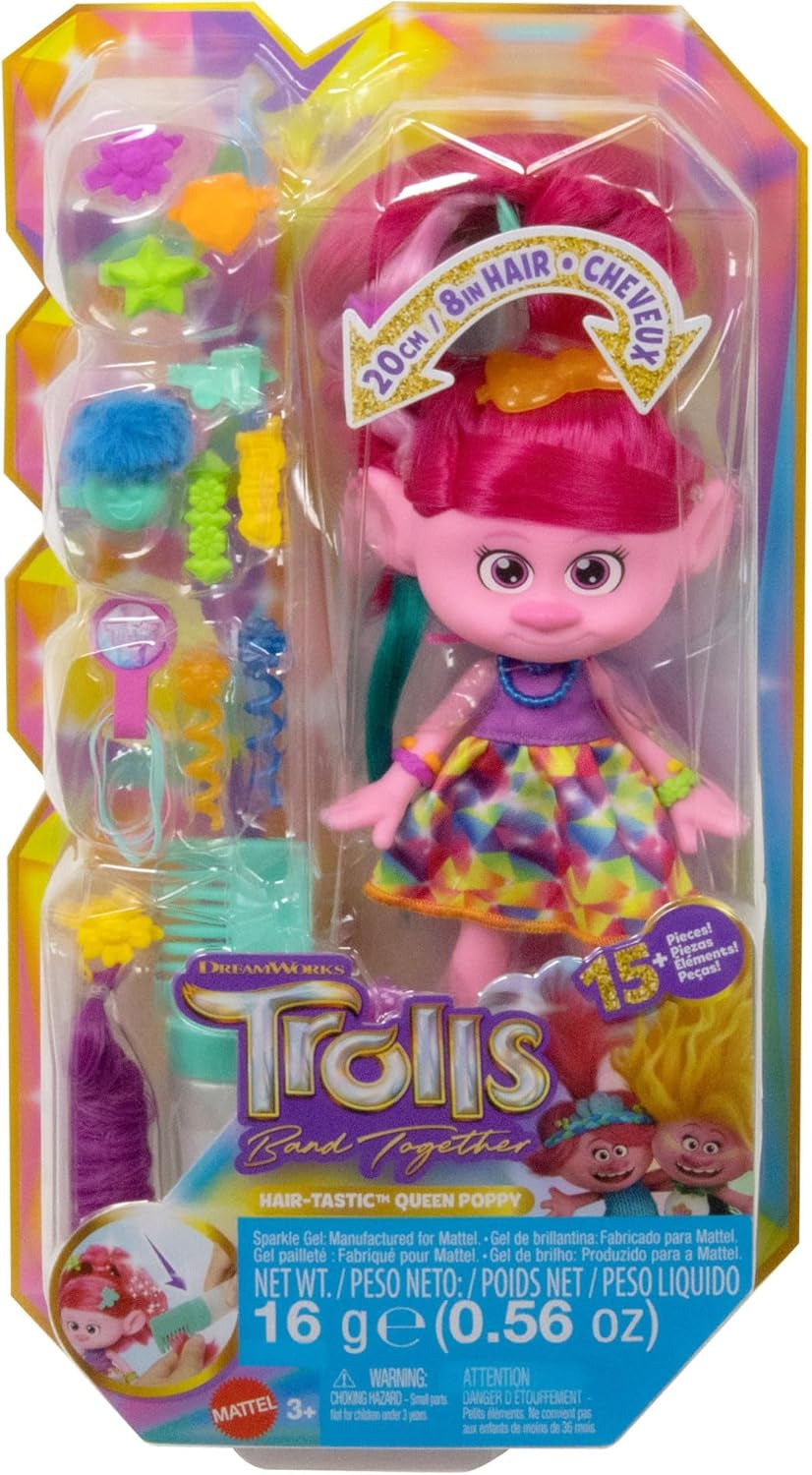 Mattel DREAMWORKS TROLLS Together Strong - Bambola alla moda Hair-Tastic Queen Poppy - 15+ accessori, pettine glitterato, gel glitterato lavabile, dai 3 anni in su, bambole HNF25 Naty Shop