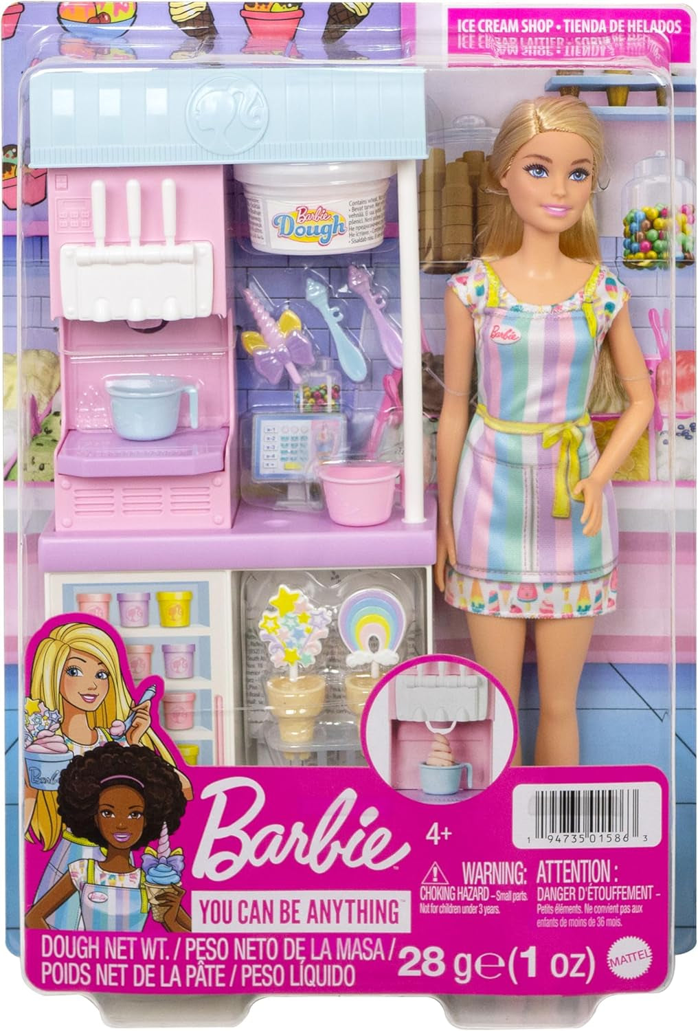 Serie Barbie You Can Be Anything, Gelateria, 1x bambola Barbie dai capelli biondi, macchina per il gelato, Barbie Play-Doh, accessori da forno, regalo per bambini, giocattolo per età 3+, HCN46