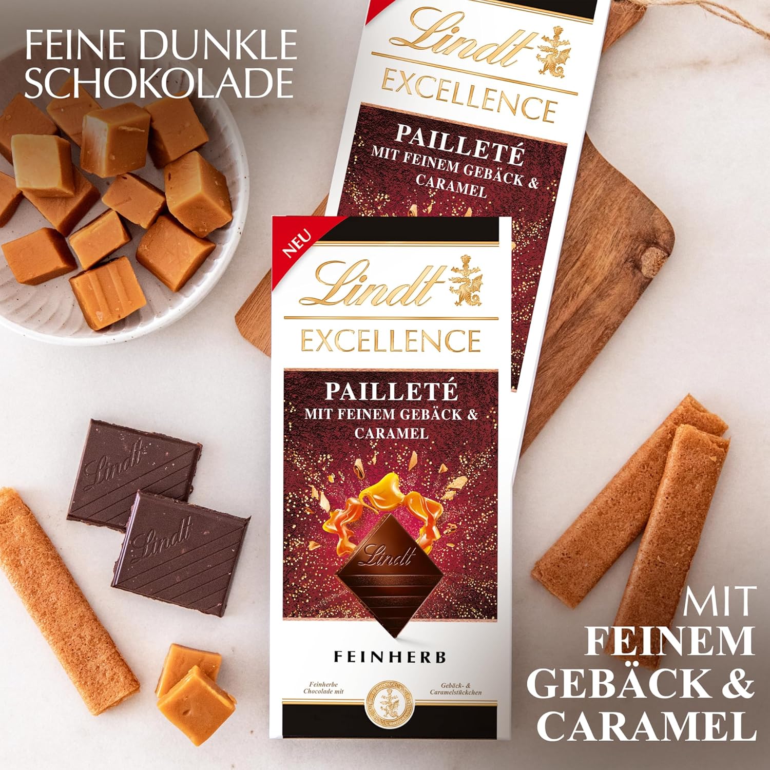 Lindt EXCELLENCE Bocconcini Di Pasta Con Paillettes E Caramello - Finissimo Cioccolato Fondente Dall'intenso Gusto Di Cacao
