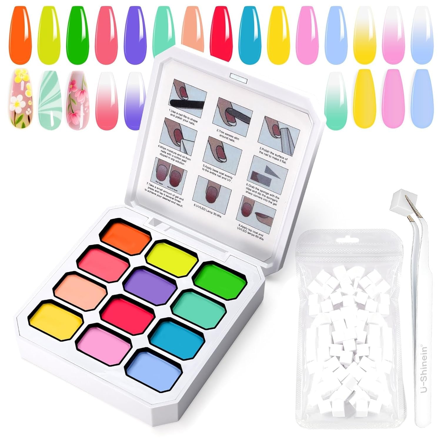 Gel per pittura sfumata, 12 colori di smalto gel sfumato con 100 spugne per unghie e 4 artigli in metallo per french manicure, nail art fai da te, set I