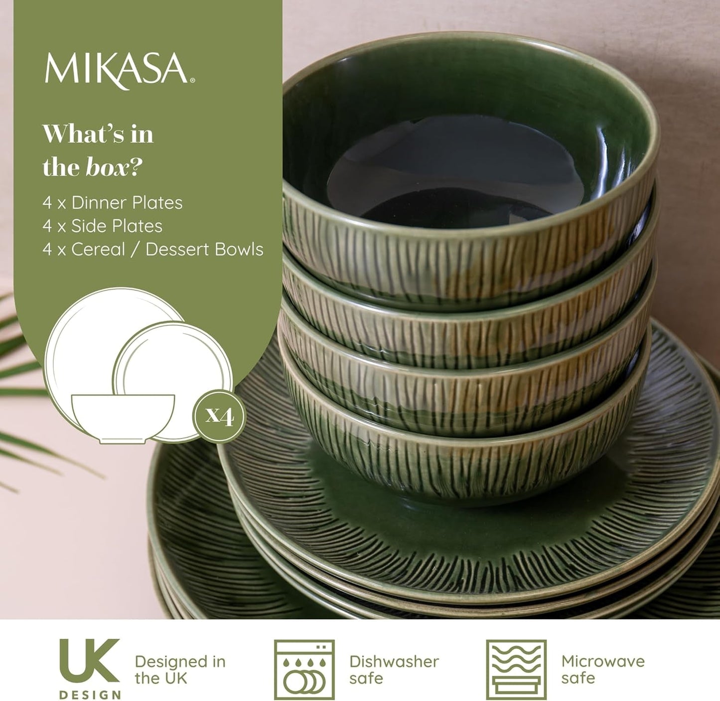 Mikasa Jardin Servizio Piatti 12 Pezzi, Servizio Piatti in Gres per 4 Persone con Piatti, Piattini e Ciotole, Verde - Confezione Regalo e Lavabile in Lavastoviglie