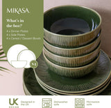 Mikasa Jardin Servizio Piatti 12 Pezzi, Servizio Piatti in Gres per 4 Persone con Piatti, Piattini e Ciotole, Verde - Confezione Regalo e Lavabile in Lavastoviglie