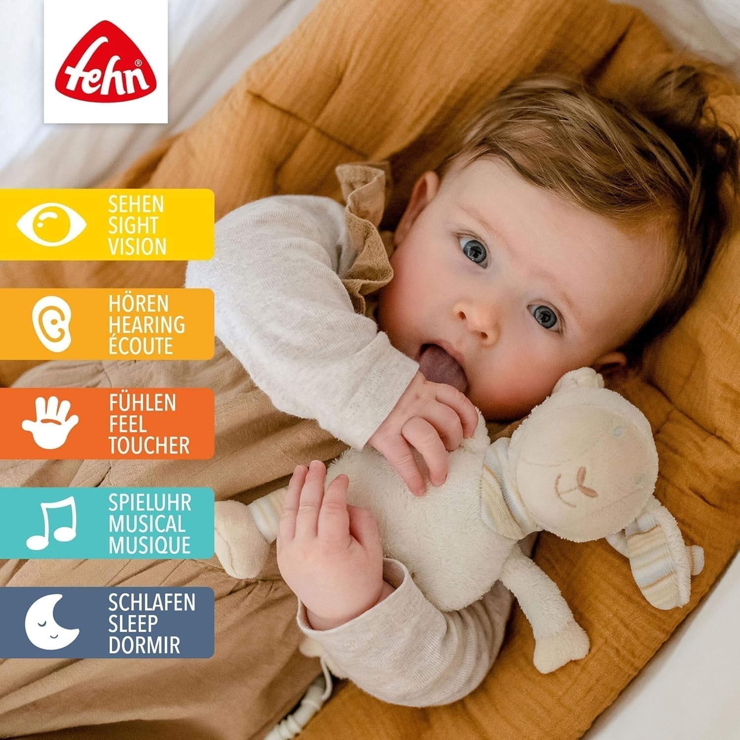 Carillon Fehn pecora per addormentare il bambino - peluche con attacco - canzone per addormentare "la ninna nanna di Brahms" - giocattolo per bambini da viaggio e a casa - giocattoli musicali per neonati e bambini Bebe Naty Shop Toys