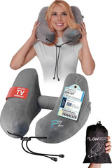 FLOWZOOM AIR Cuscino per collo gonfiabile con cappuccio - Cuscino per collo da aereo - Cuscino da viaggio - Cuscino da viaggio gonfiabile veloce - Cuscino da aereo - Cuscino da viaggio - Cuscino per collo per adulti (Grigio) Naty Shop Cuscini ortopedici cervicali 3) Grigio - Taglia M