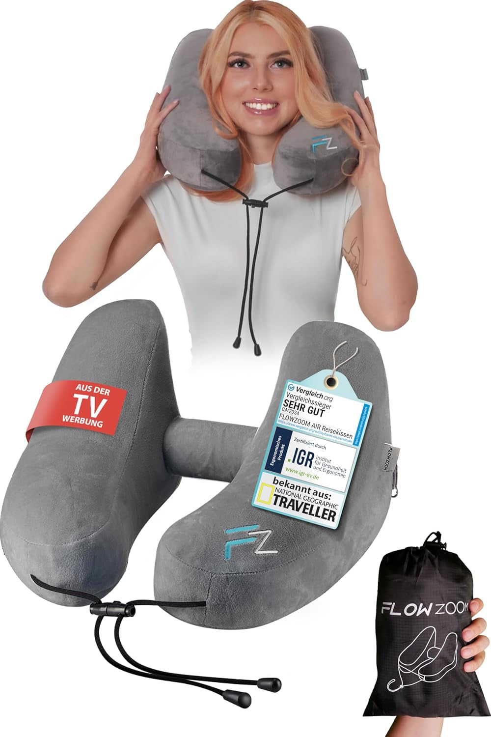 FLOWZOOM AIR Cuscino per collo gonfiabile con cappuccio - Cuscino per collo da aereo - Cuscino da viaggio - Cuscino da viaggio gonfiabile veloce - Cuscino da aereo - Cuscino da viaggio - Cuscino per collo per adulti (Grigio) Naty Shop Cuscini ortopedici cervicali 3) Grigio - Taglia M