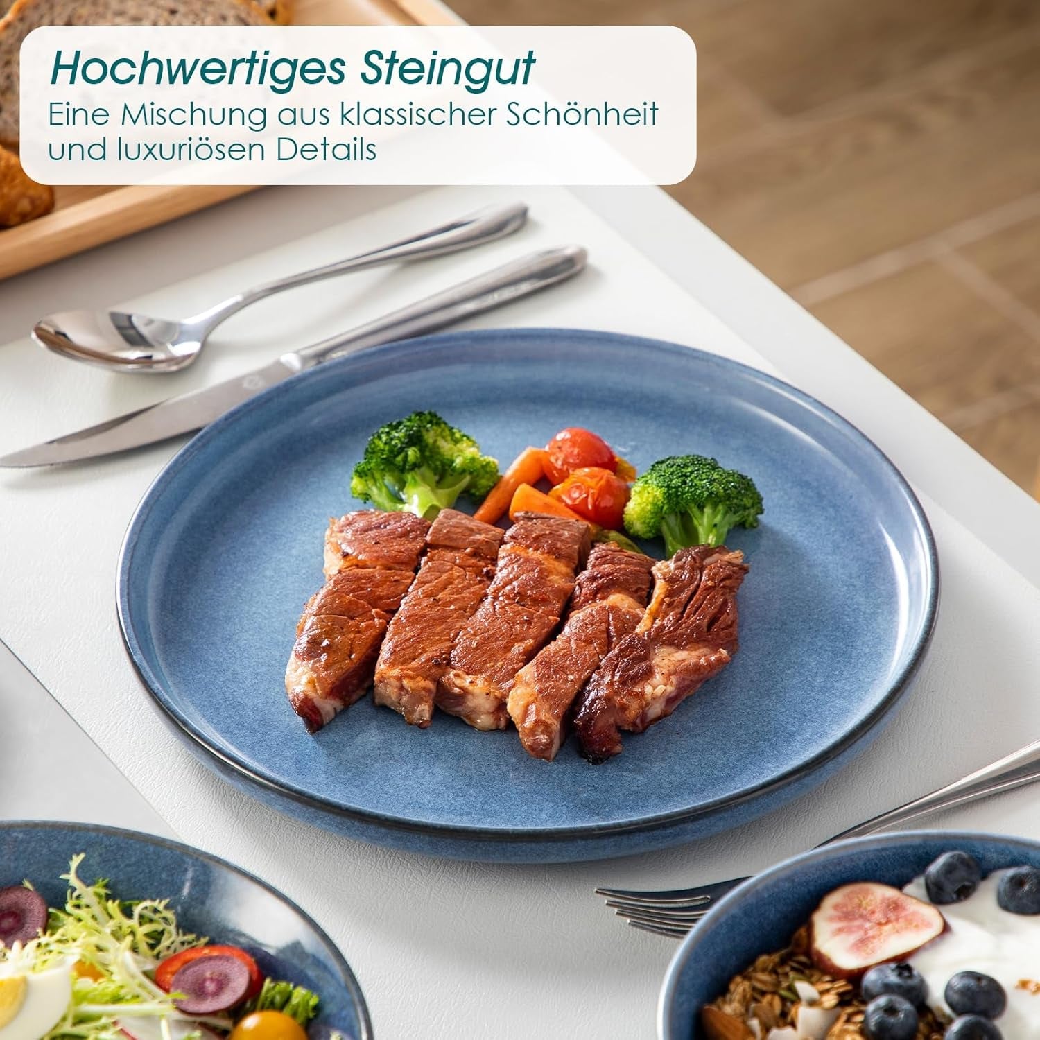 Steingut Geschirrset 6 Personen, vancasso ANYA Blau Teller Set Modern 24 teilig, Tafelservice mit Speiseteller, Suppenteller, Desserttellern, Schüsseln, Geschirr Set Spülmaschinen und Mikrowellenfest