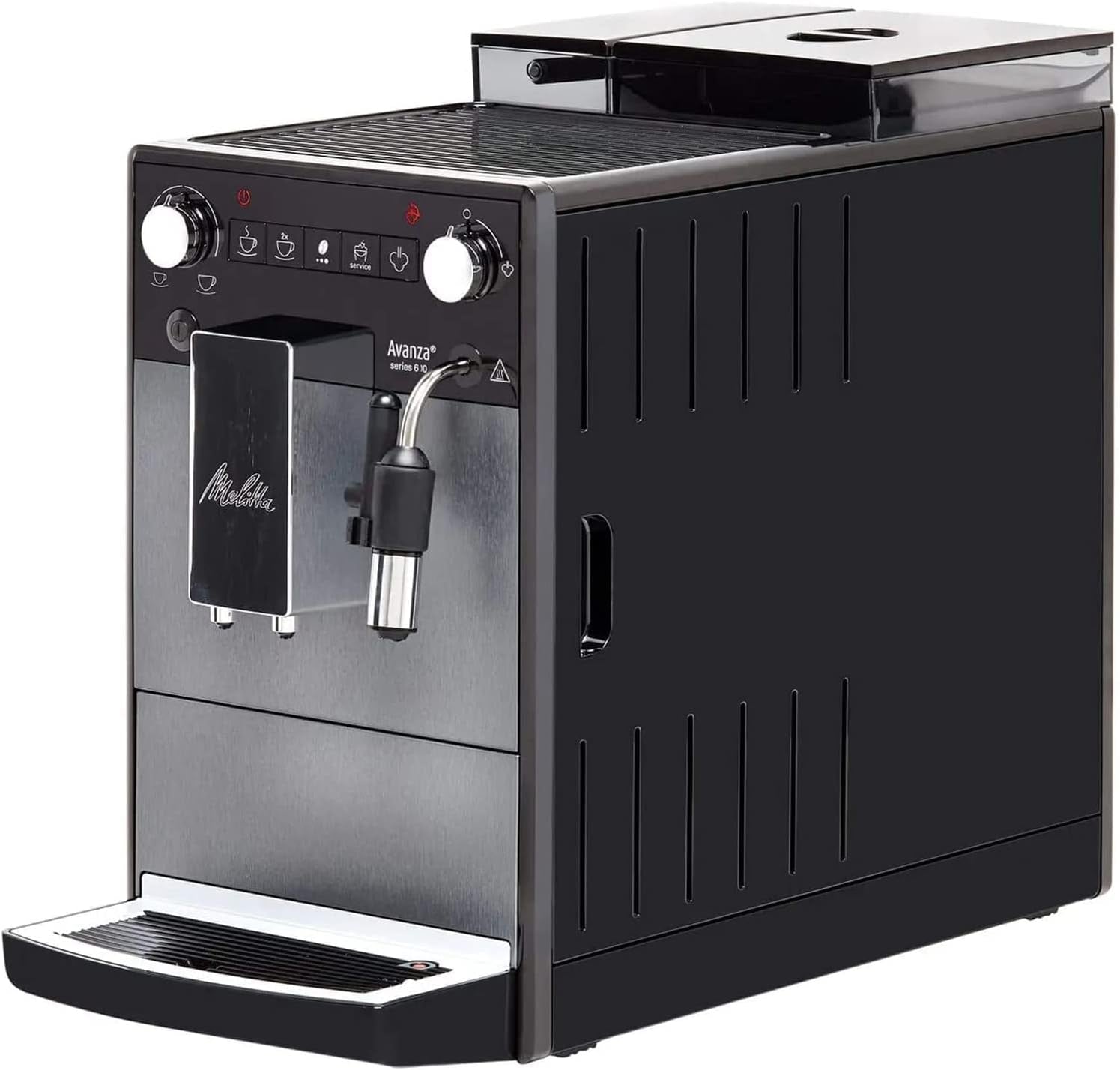 Melitta Avanza - Macchina per caffè espresso completamente automatica con sistema per il latte, macchina per caffè espresso con macinacaffè e serbatoio dell'acqua extra grande (1,5 l) per es. cappuccino o espresso, titano mistico