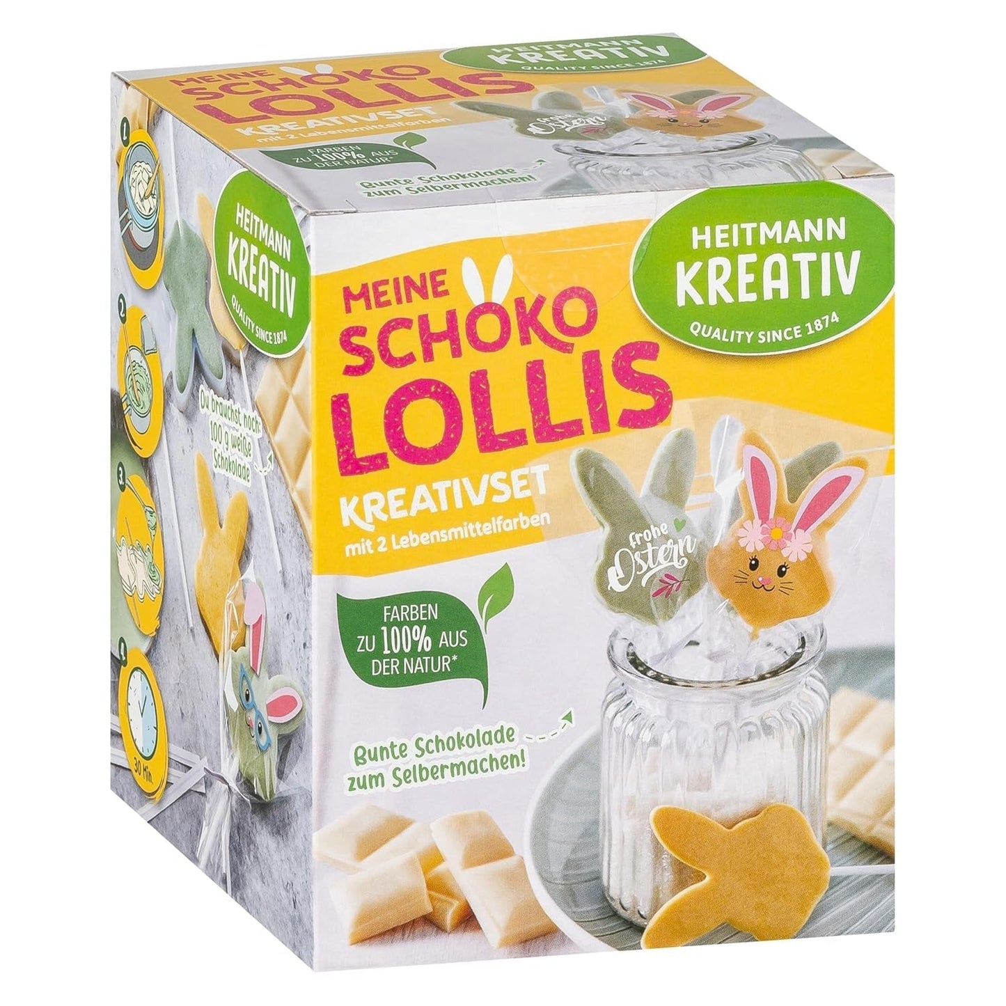 HEITMANN KREATIV - Lecca lecca al cioccolato - Con coloranti in polvere alle erbe - Giallo e Verde - Kit fai da te - Pasqua