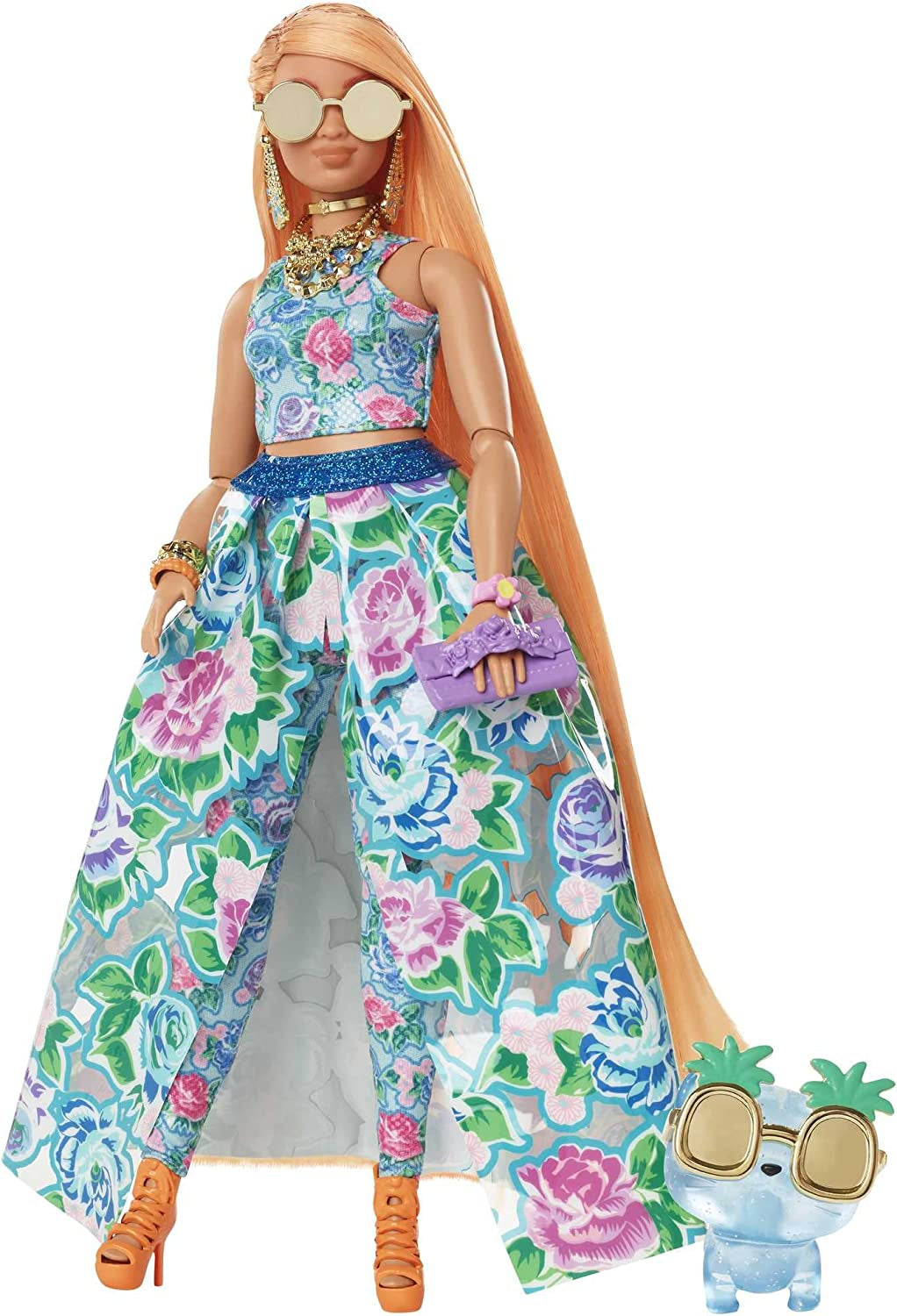 Barbie Extra Fancy, Lunghi Capelli Sinuosi Biondo Fragola, Completo A Due Pezzi, Gatto Blu, Borsa Rosa, Occhiali Da Sole Ananas Con Bambola, Adatto Come Regalo, Titolo Predefinito Per Bambole Hhn14 Naty Shop