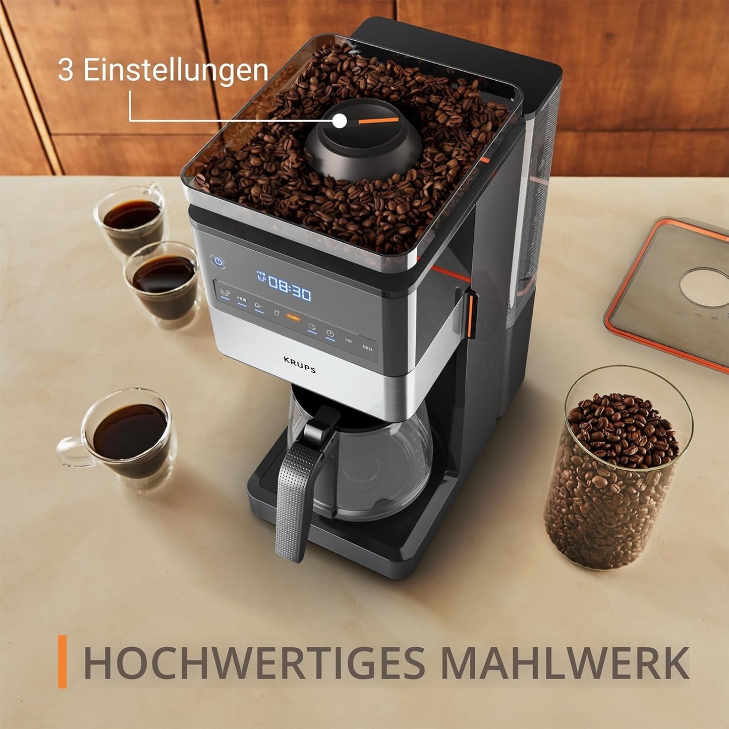 KRUPS Grind Aroma XL Macchina per caffè espresso, Macinino conico rimovibile, Pannello di controllo digitale, Capacità XL (1,5 L), Funzione Mantieni caldo, Caraffa in vetro, Nero/Acciaio inossidabile, KM842810