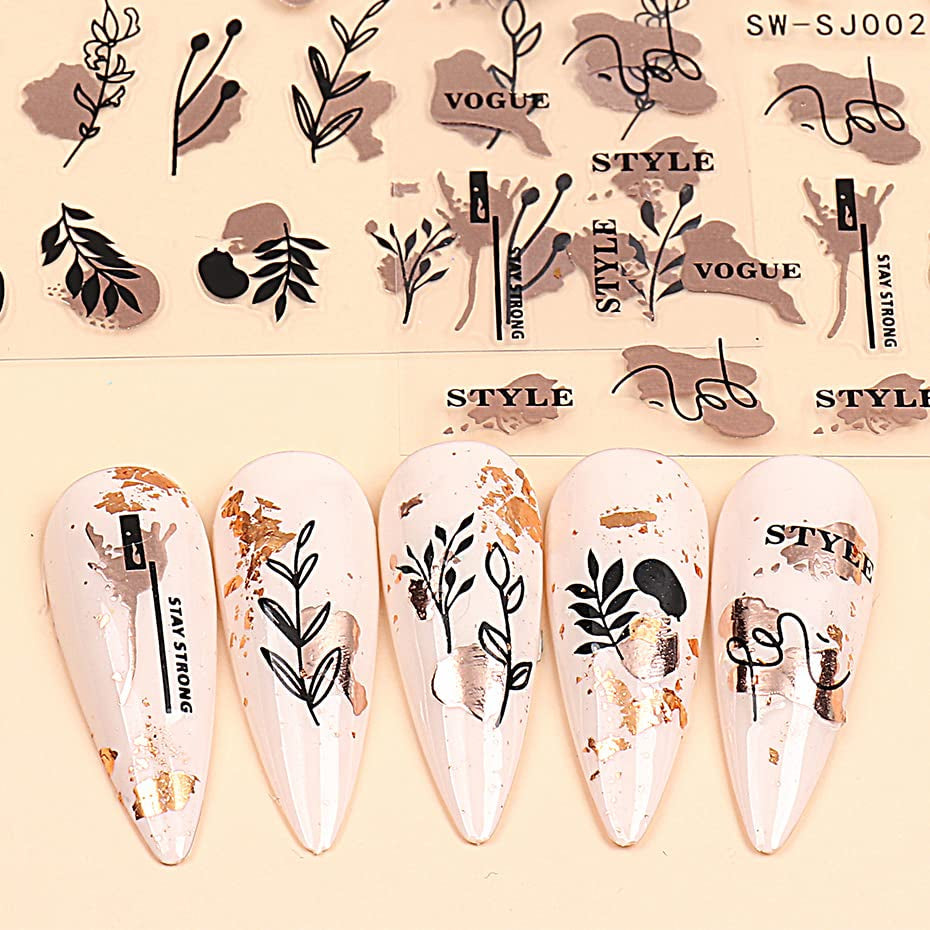 JMEOWIO Nagelsticker Rose Gold Schwarze Blume 12 Blatt Nail Art Sticker Selbstklebend Nagelaufkleber Frühlings Linie Abstract Blatt Dekoration Nageldesign Zubehör