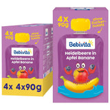 Buste comprimibili per mirtilli, mele e banane - 16 (4 confezioni, 4 x 90 g ciascuna), senza zuccheri aggiunti, senza glutine, ideali per takeaway e snack da viaggio
